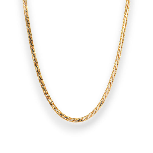 Elegant 22K gold baby chain (RJC30870) showcasing a unique twisted-link pattern with a radiant polished finish. Designed by Regal Jewels Chicago, this lightweight gold chain is perfect for newborns and toddlers — combining comfort, durability, and timeless sophistication.