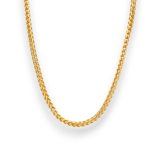 Beautiful 22K gold baby chain (RJC30872) featuring a sleek braided-link design with a glossy polished shine. Crafted by Regal Jewels Chicago, this lightweight chain is ideal for newborns and toddlers — blending elegance, safety, and premium craftsmanship for daily wear or gifting.