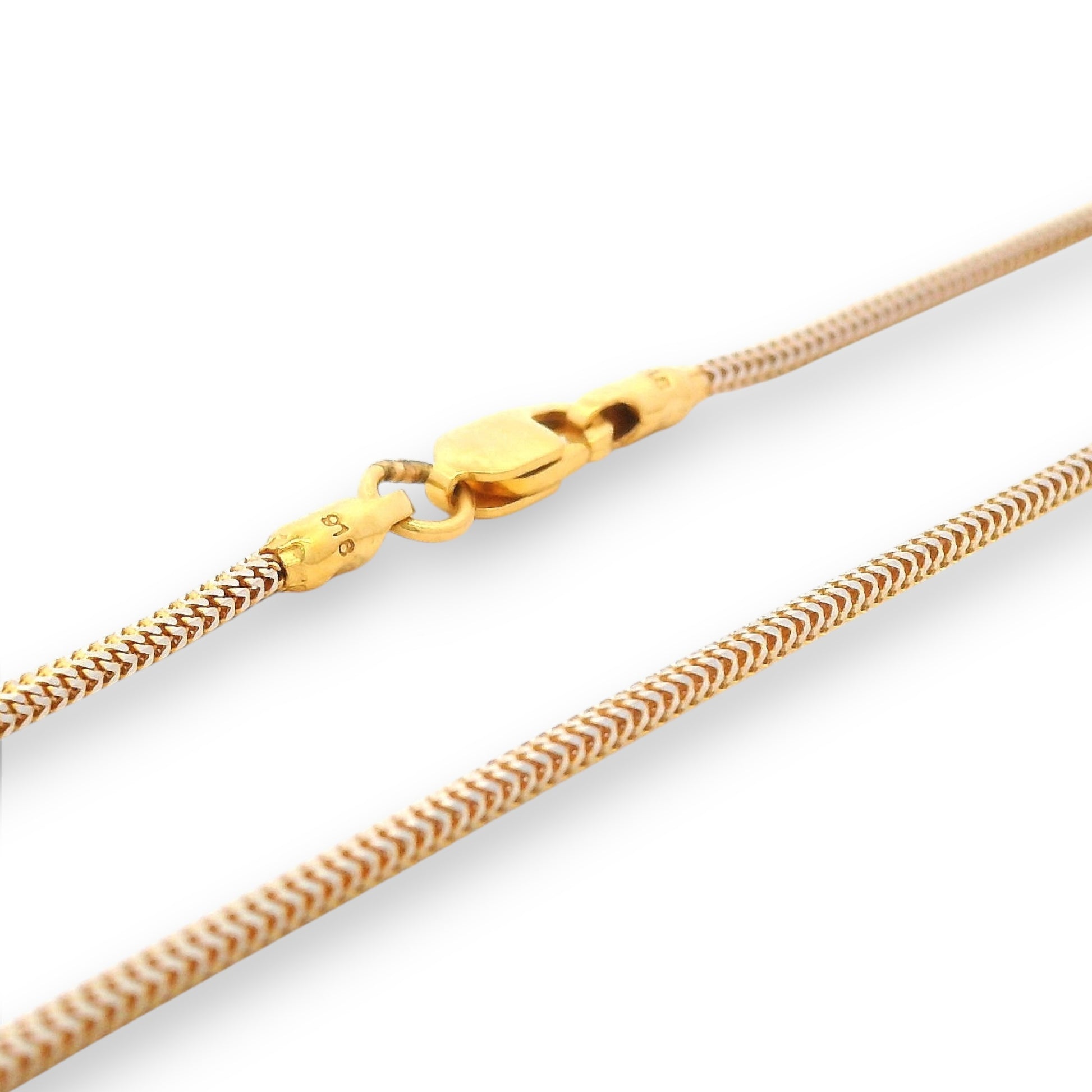 Detailed view of 22K gold baby chain (RJC30873a) highlighting its two-tone braided links and premium lobster clasp. A Regal Jewels Chicago creation combining safety, beauty, and refined gold craftsmanship for little ones.