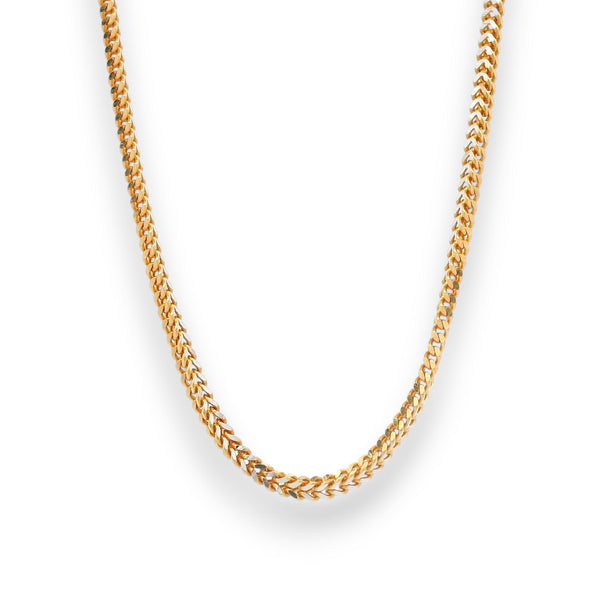 Stylish 22K gold baby chain (RJC30880) featuring a smooth herringbone-link pattern with a radiant polished finish. Expertly crafted by Regal Jewels Chicago, this lightweight chain offers elegance, comfort, and safety — perfect for newborns and toddlers.