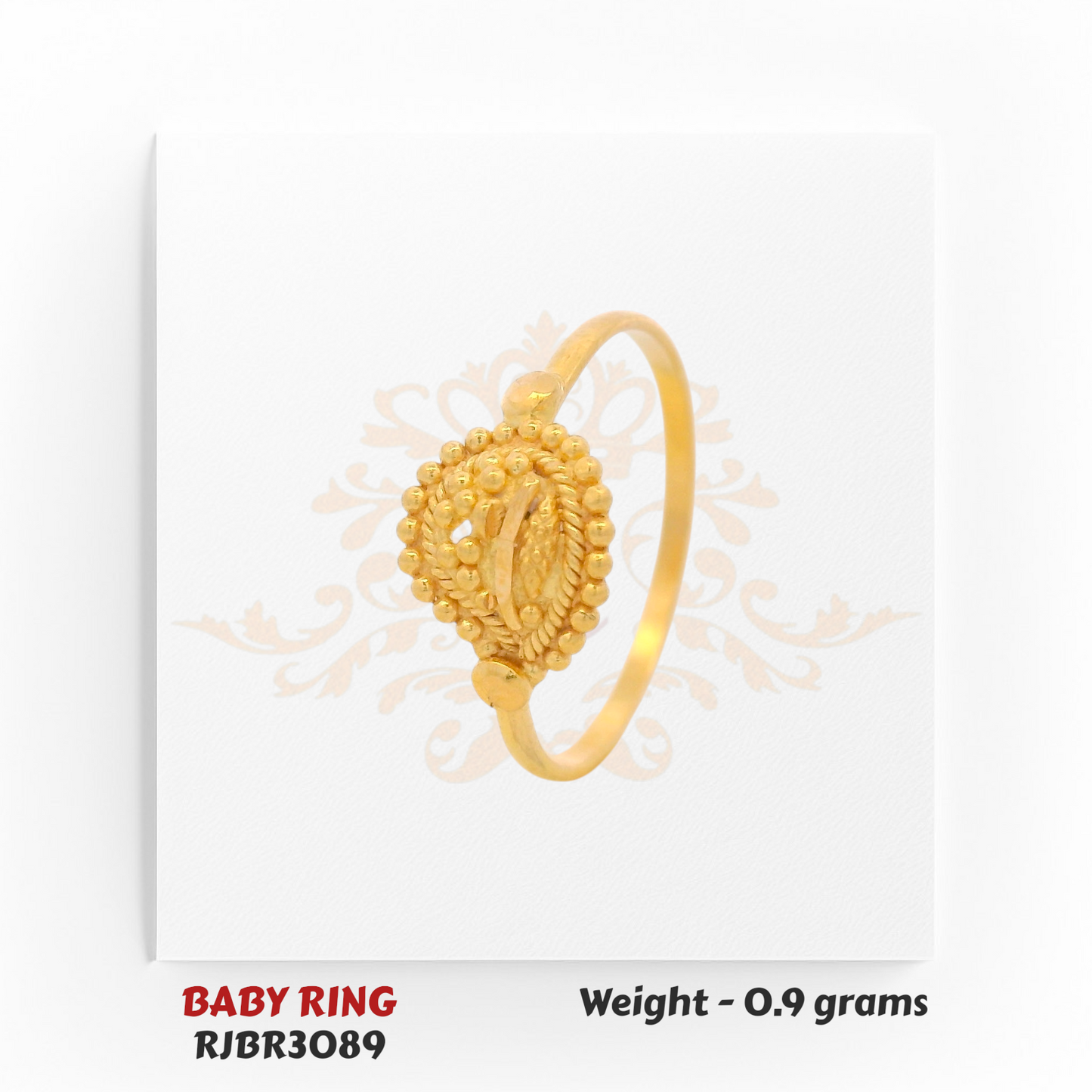 RJBR3089B Gold Baby Ring Side View – 22kt Leaf Pattern Infant Gold Ring – Regal Jewels Chicago