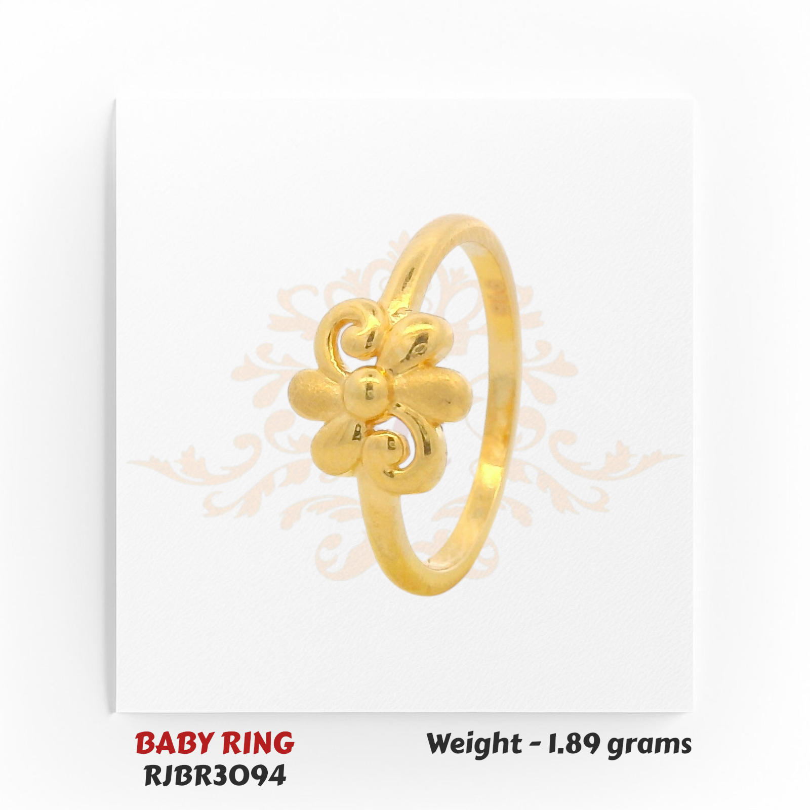 RJBR3094B Gold Baby Ring Side View – 22kt Floral Design Kids Gold Ring – Regal Jewels Chicago