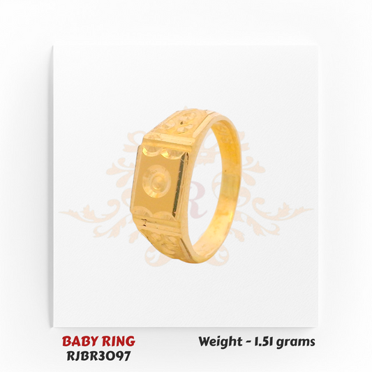  Regal Jewels Gold Baby Ring RJBR3097 - Side view of a rectangular signet-style baby ring with embossed floral design, weight 1.51 grams.