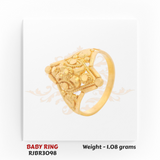 Gold baby ring angled view floral cluster square design 1.08 gm cute kids ring RJBR3098