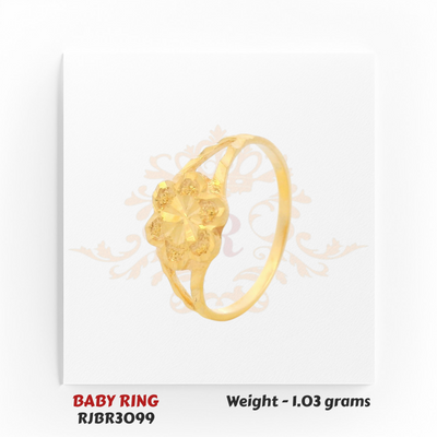 Gold baby ring angled view floral star top 1.03 gm elegant kids ring RJBR3099