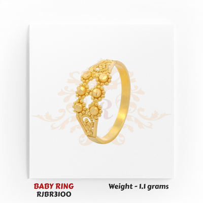 Gold baby ring angled view floral cluster pattern 1.1 gm traditional kids ring RJBR3100
