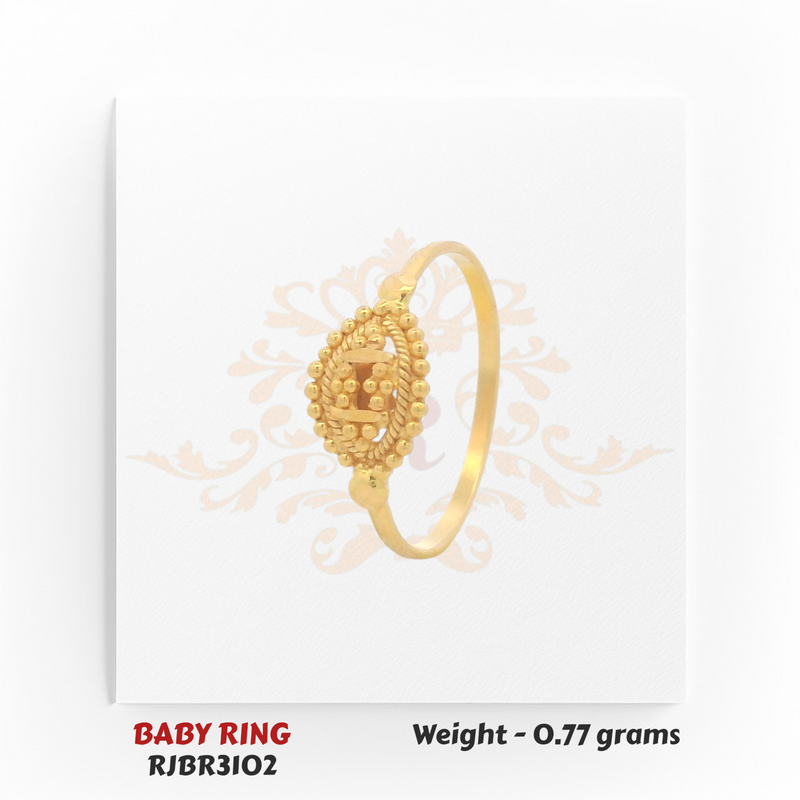 22kt gold baby ring angle view showing slim band and oval beaded top, 0.77g, RJBR3102