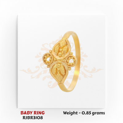 Gold baby ring angled view leaf motif design 0.85 gm elegant kids ring RJBR3108