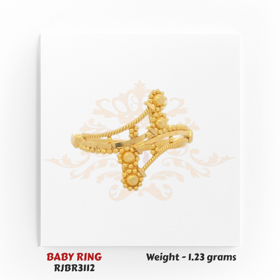 Gold baby ring beaded cross design front view 1.23 gm cute lightweight kids ring RJBR3112