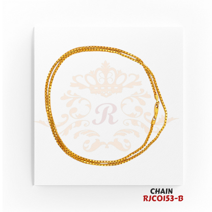 22kt Gold Box Chain RJCO153 – A sleek and durable 11.30-gram box-link gold chain, 19 inches in length. Available at Regal Jewels.