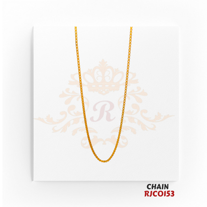 22kt Gold Box Chain RJCO153 – A sleek and durable 11.30-gram box-link gold chain, 19 inches in length. Available at Regal Jewels.