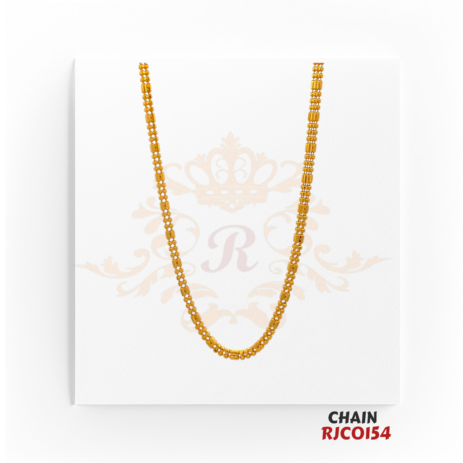 "22kt Gold Fancy Bead Chain RJCO154 – A lightweight 8.4-gram gold chain with intricate beadwork, 15 inches in length. Available at Regal Jewels.