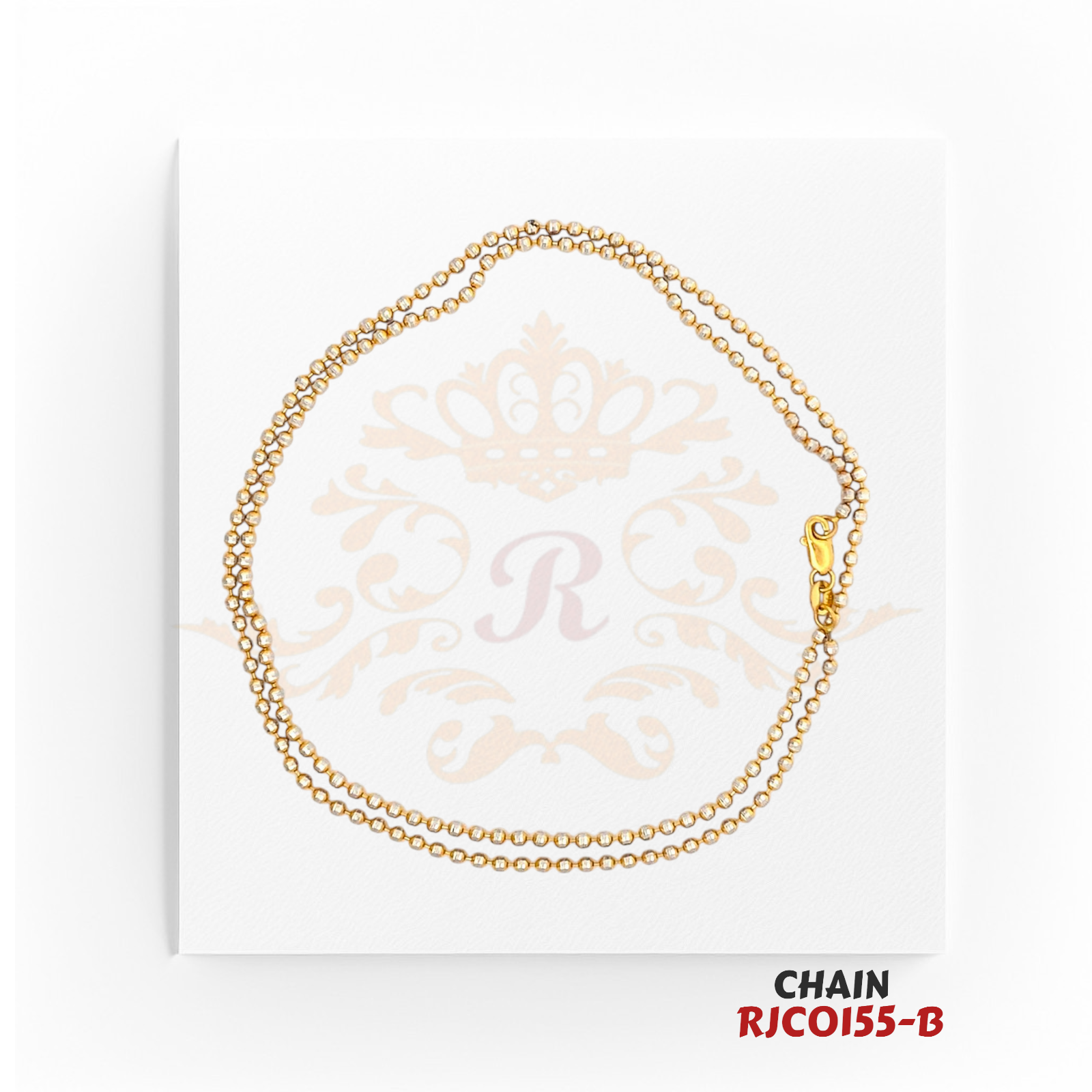 22kt Two-Tone Gold Beaded Chain RJCO155 – A 7.90-gram delicate gold and rhodium beaded chain, 19 inches in length. Available at Regal Jewels.