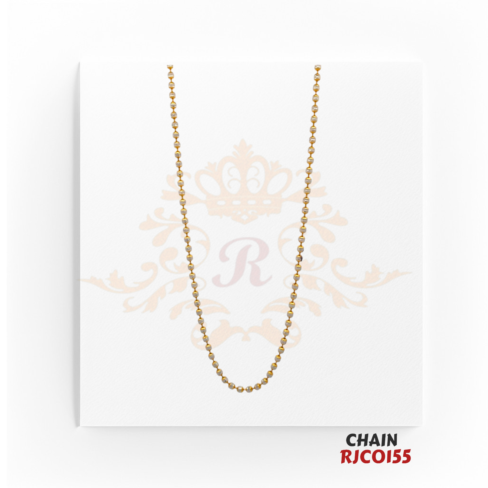 22kt Two-Tone Gold Beaded Chain RJCO155 – A 7.90-gram delicate gold and rhodium beaded chain, 19 inches in length. Available at Regal Jewels.