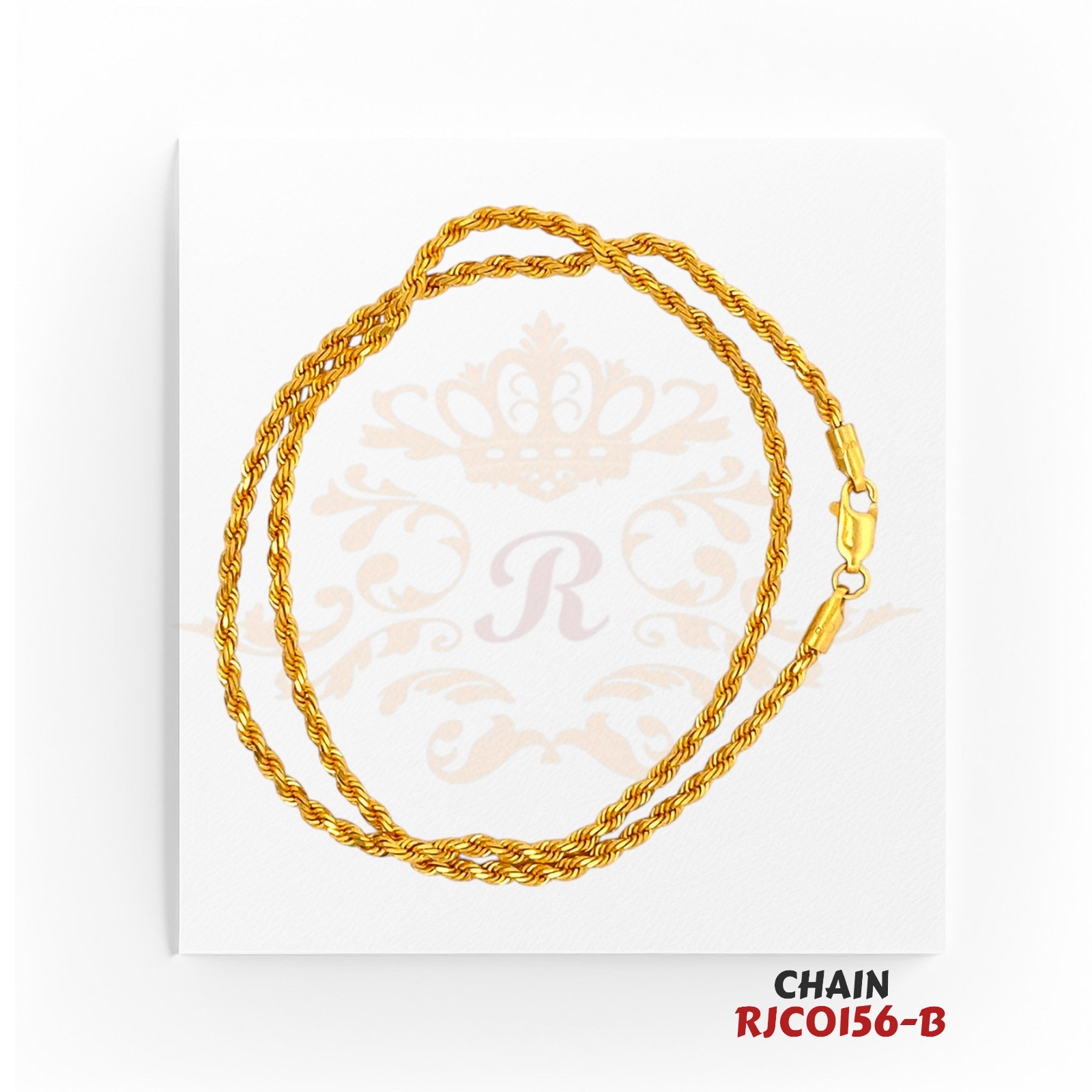 22kt Gold Rope Chain RJCO156 – A 14.20-gram classic rope chain, 16 inches in length. Available at Regal Jewels.