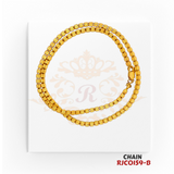 22kt Gold Diamond-Cut Barrel Bead Chain RJCO159 – A 17.20-gram, 16-inch chain with a textured barrel bead design. Available at Regal Jewels.