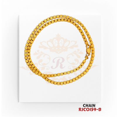 22kt Gold Diamond-Cut Barrel Bead Chain RJCO159 – A 17.20-gram, 16-inch chain with a textured barrel bead design. Available at Regal Jewels.