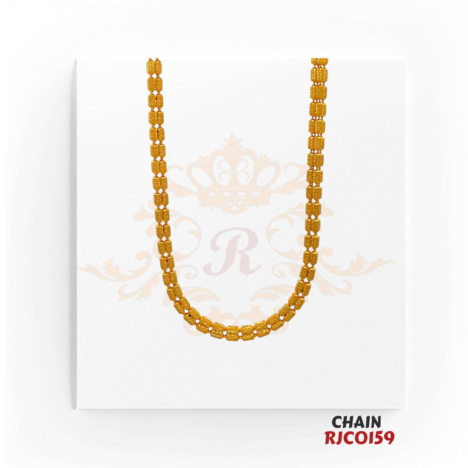 22kt Gold Diamond-Cut Barrel Bead Chain RJCO159 – A 17.20-gram, 16-inch chain with a textured barrel bead design. Available at Regal Jewels.