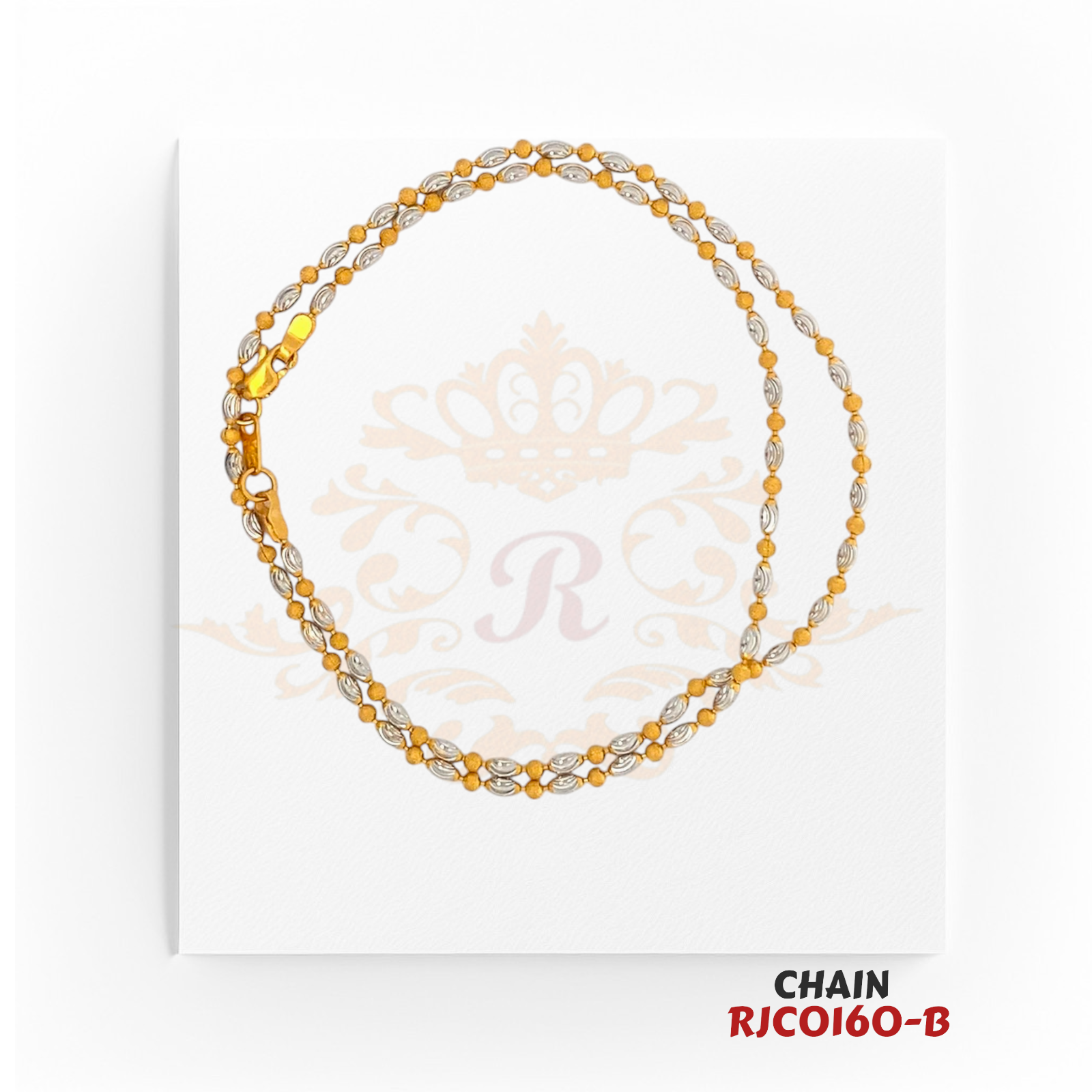22kt Two-Tone Gold Oval Bead Chain RJCO160 – A 7.50-gram, 16-inch yellow gold and rhodium-finished chain. Available at Regal Jewels.