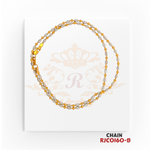 22kt Two-Tone Gold Oval Bead Chain RJCO160 – A 7.50-gram, 16-inch yellow gold and rhodium-finished chain. Available at Regal Jewels.