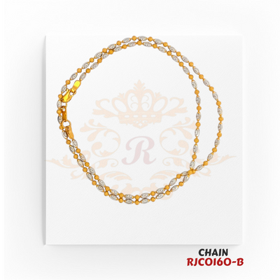 22kt Two-Tone Gold Oval Bead Chain RJCO160 – A 7.50-gram, 16-inch yellow gold and rhodium-finished chain. Available at Regal Jewels.