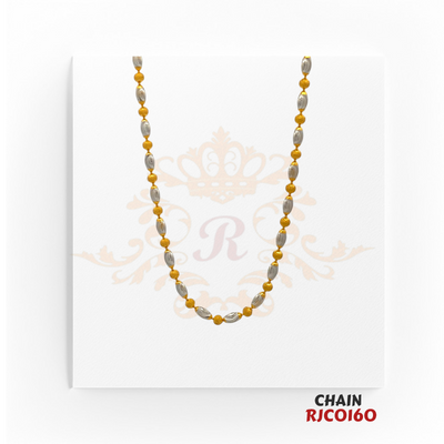 22kt Two-Tone Gold Oval Bead Chain RJCO160 – A 7.50-gram, 16-inch yellow gold and rhodium-finished chain. Available at Regal Jewels.