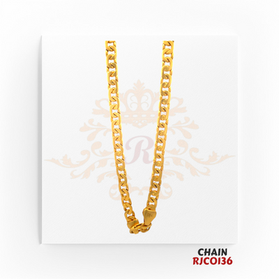 22kt Gold Solid Cuban Link Chain RJCO136 – A 53.4-gram, 21-inch men’s gold chain featuring a polished Cuban link design with a secure box clasp, available at Regal Jewels.