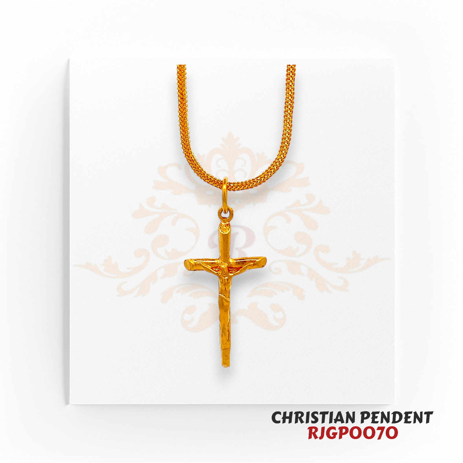 22kt Gold Christian Pendant RJGP0070 – A detailed 22kt yellow gold crucifix pendant featuring an artistic handcrafted finish. Weighs 4.00 grams, measuring 1.50 inches in length and 0.75 inches in width. Ideal for religious devotion, everyday wear, or as a meaningful gift. Available at Regal Jewels.