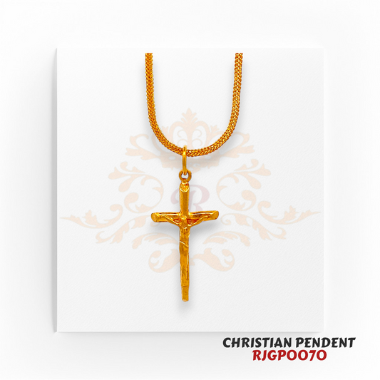 22kt Gold Christian Pendant RJGP0070 – A detailed 22kt yellow gold crucifix pendant featuring an artistic handcrafted finish. Weighs 4.00 grams, measuring 1.50 inches in length and 0.75 inches in width. Ideal for religious devotion, everyday wear, or as a meaningful gift. Available at Regal Jewels.