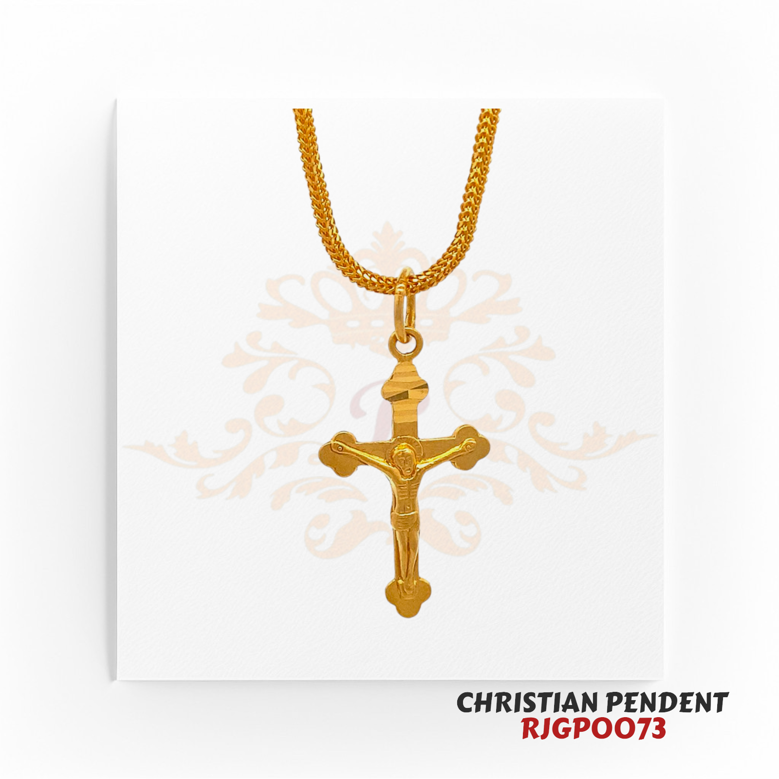 22kt Gold Christian Pendant RJGP0073 – A detailed crucifix pendant crafted in 22kt yellow gold with an elegant finish. Weighs 2.00 grams, measuring 1 inch in length and 0.75 inches in width. Perfect for religious devotion, daily wear, or as a cherished gift. Available at Regal Jewels.