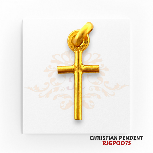 22kt Gold Christian Pendant RJGP0075 – A small, minimalist 22kt yellow gold cross pendant with a sleek polished finish. Weighs 0.40 grams, measuring 0.50 inches in length and 0.25 inches in width. Perfect for religious devotion, daily wear, or as a meaningful gift. Available at Regal Jewels