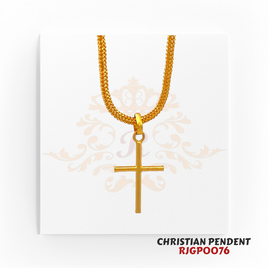 22kt Gold Christian Pendant RJGP0076 – Classic minimalist gold cross pendant with a sleek polished finish, crafted in 22-karat yellow gold. Perfect for religious devotion, daily wear, or as a thoughtful gift. Weighs 3.00 grams, measuring 1.025 inches in length and 0.65 inches in width. Available at Regal Jewels
