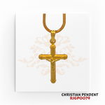 22K gold Christian cross pendant featuring Jesus on the crucifix, elegantly designed with a polished finish. Product code: RJGPOO79.