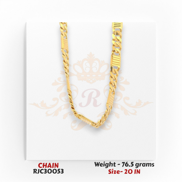 22kt yellow gold chain RJC30053 front view with chunky curb links and bar detailing, high polish shine, 76.5g, 20 in