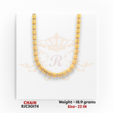22kt gold chain RJC30174 close-up of textured barrel bead links, matte finish shine, 18.9 grams, 22 inch length