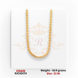 22kt yellow gold chain RJC30174 front view with barrel bead link design, lightweight daily wear, 18.9g, 22 inches