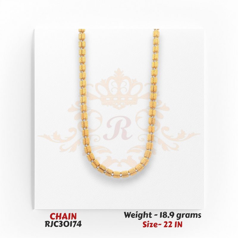 22kt yellow gold chain RJC30174 front view with barrel bead link design, lightweight daily wear, 18.9g, 22 inches