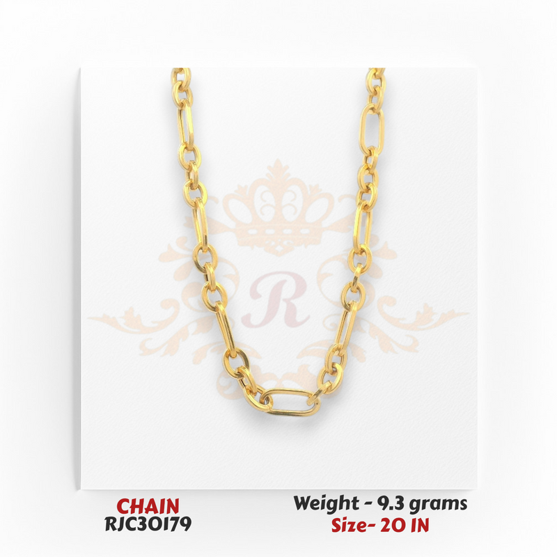 22kt yellow gold chain RJC30179 front view with paperclip and round links, modern lightweight style, 9.3 grams, 20 in