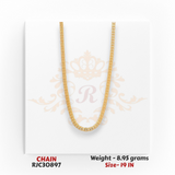 22kt gold chain RJC30897 full view with slim box link design, smooth shine, lightweight 8.95 grams, 19 inch length