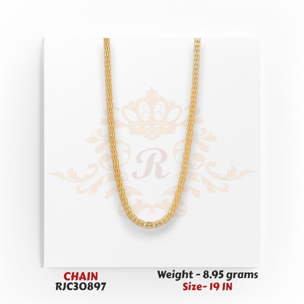 22kt gold chain RJC30897 full view with slim box link design, smooth shine, lightweight 8.95 grams, 19 inch length