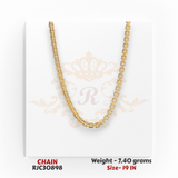 22kt gold chain RJC30898 close-up showing slim box link pattern, smooth polished shine, lightweight 7.40g, 19 inch