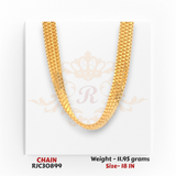 22kt gold chain RJC30899 close-up showing flat woven link texture, glossy finish shine, lightweight 11.95g, 18 inch