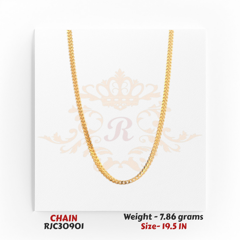 RJC30901: 22kt gold chain necklace with diamond-cut link texture and rich shine, lightweight 7.86g, 19.5 inch length
