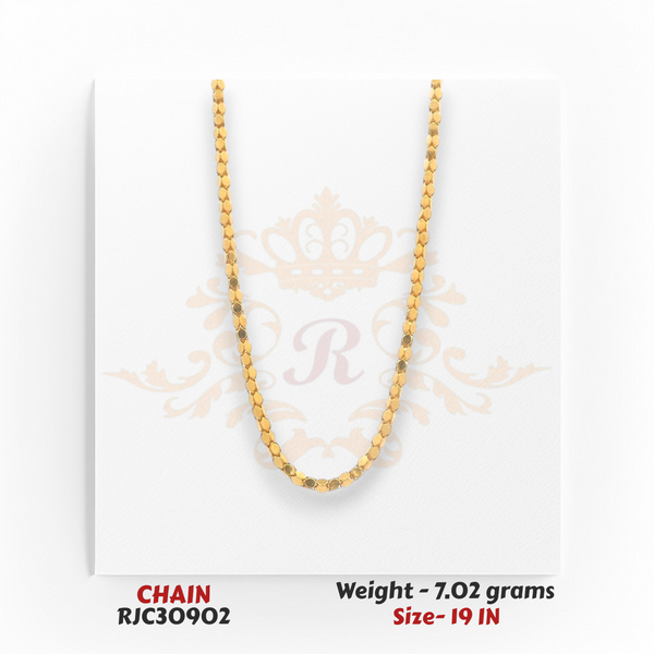 RJC30902: 22kt gold chain necklace with flat round disc link design and smooth shine, 7.02 grams, 19 inch length