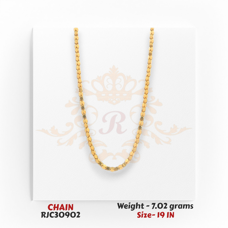 RJC30902: 22kt gold chain necklace with flat round disc link design and smooth shine, 7.02 grams, 19 inch length