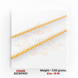 RJC30902: Detailed close-up of 22kt gold chain with flat disc links and glossy shine, 7.02 grams, 19 inch length