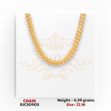 22kt gold chain RJC30905 front view with classic curb link style, glossy finish, lightweight 11.39g, 22 inch length