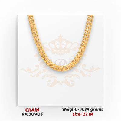22kt gold chain RJC30905 front view with classic curb link style, glossy finish, lightweight 11.39g, 22 inch length