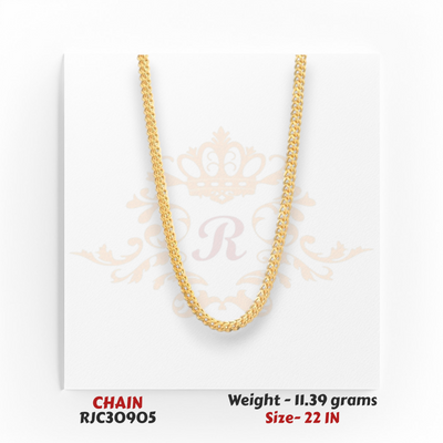 22kt yellow gold chain RJC30905 full view showing sleek curb links, smooth shine, everyday wear chain, 11.39g, 22 in