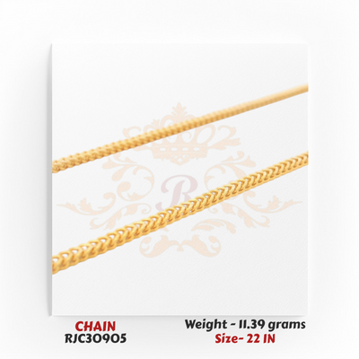 22kt gold chain RJC30905 close-up of tight curb link pattern, polished shine, lightweight chain, 11.39 grams, 22 inches